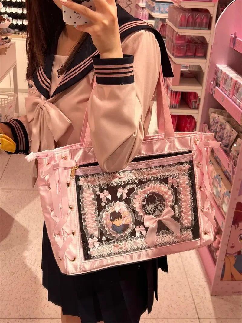 Sweet Lolita Pink Ita Bag Women Japanese Transparent Large Tote Bag Harajuku Kawaii Handbag Aesthetic - EUFASHIONBAGS