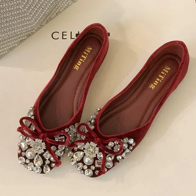 Crystal Pearl Designer Flat Women Shoes Comfort Soft Soled Dress Shoes Leisure Shiny Rhinestones Mules Shoes Zapatos De Mujer