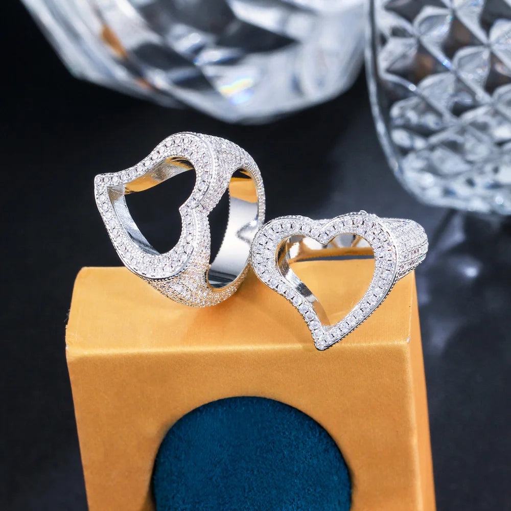 New Full Iced Out Bling Hollow Out Heart 5A CZ Cubic Zirconia Micro Pave Rings for Women Hip Hop Punk Jewelry - EUFASHIONBAGS