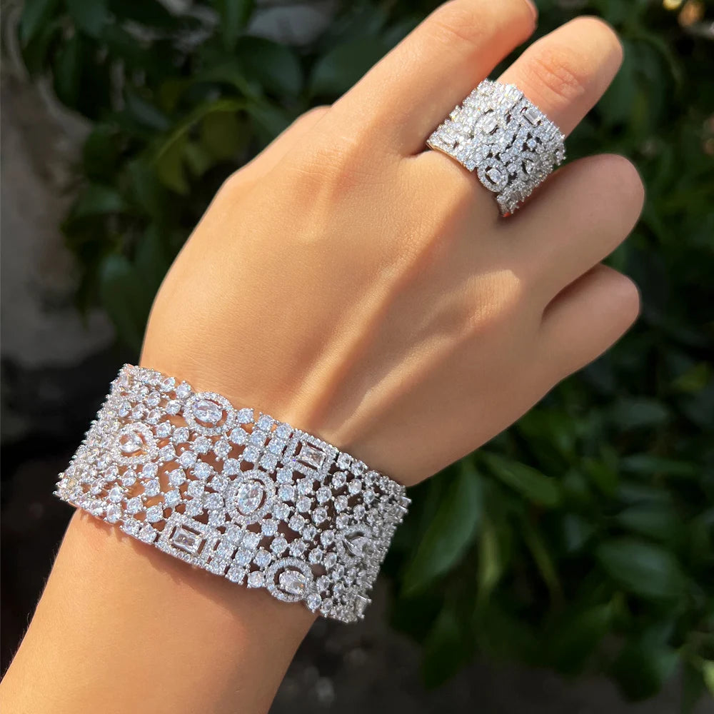 Luxury Chunky Cubic Zirconia Inlay Wide Big Open Cuff Bangle and Ring Dubai Wedding Bridal Party Jewelry Sets - EUFASHIONBAGS