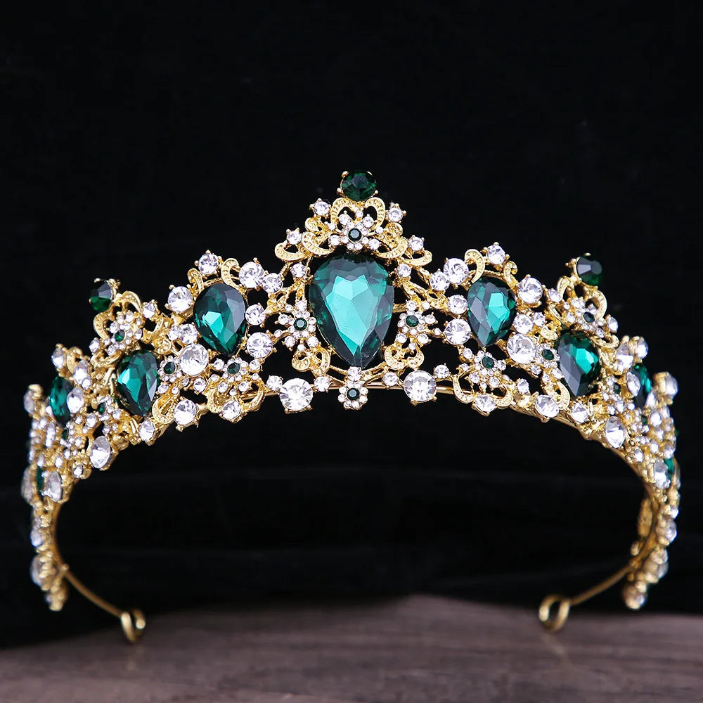 Luxury Green Color Crystal Wedding Crown Bridal Hair Accessories Women Baroque Crown Rhinestones Tiaras Bride Queen Party Crowns - EUFASHIONBAGS