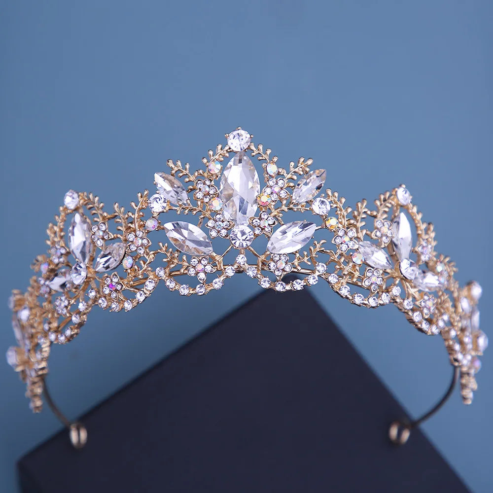 Baroque Korean Gold Color Crystal Crown Hair Accessories Luxury Rhinestone Tiara For Women Wedding Headdress Bridal Hair Jewelry