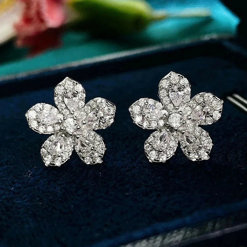 Silver Color Crystal Cubic Zirconia Flower Earrings for Women Fancy Ear Accessories Birthday Gift Piercing Trendy Jewelry