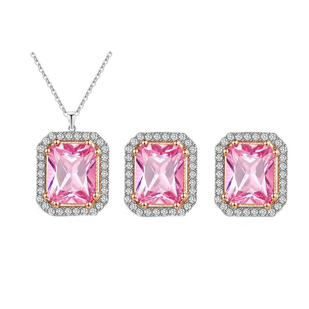 Bling Pink Cubic Zirconia Crystal Rectangle  Pendant Necklace and Earrings New Trendy Women Jewelry Sets Gift