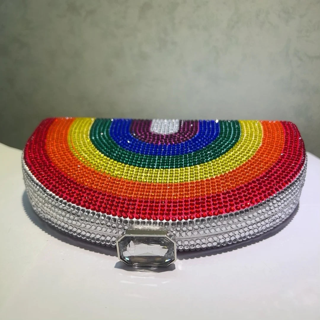 Rainbow Color Crystal Evening Clutch Bags Wedding Party Chain Bag Women Boutique Half Moon Rhinestone Purses And Handbags