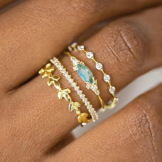 Gold Color 4Pcs Set of Rings for Women Bright Marquise Blue Zirconia Stone Finger Accessories for Engagement - EUFASHIONBAGS