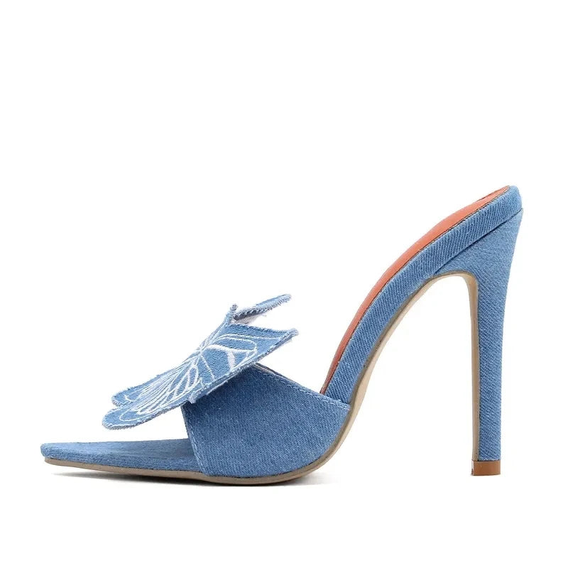 Fashion Blue Denim Big Butterfly Women's Thin High Heels Slippers Sandal Sexy Pointed Toe Slides Stripper Party Mules Shoe