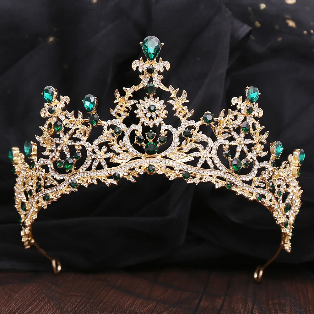 Luxury Green Color Crystal Wedding Crown Bridal Hair Accessories Women Baroque Crown Rhinestones Tiaras Bride Queen Party Crowns - EUFASHIONBAGS