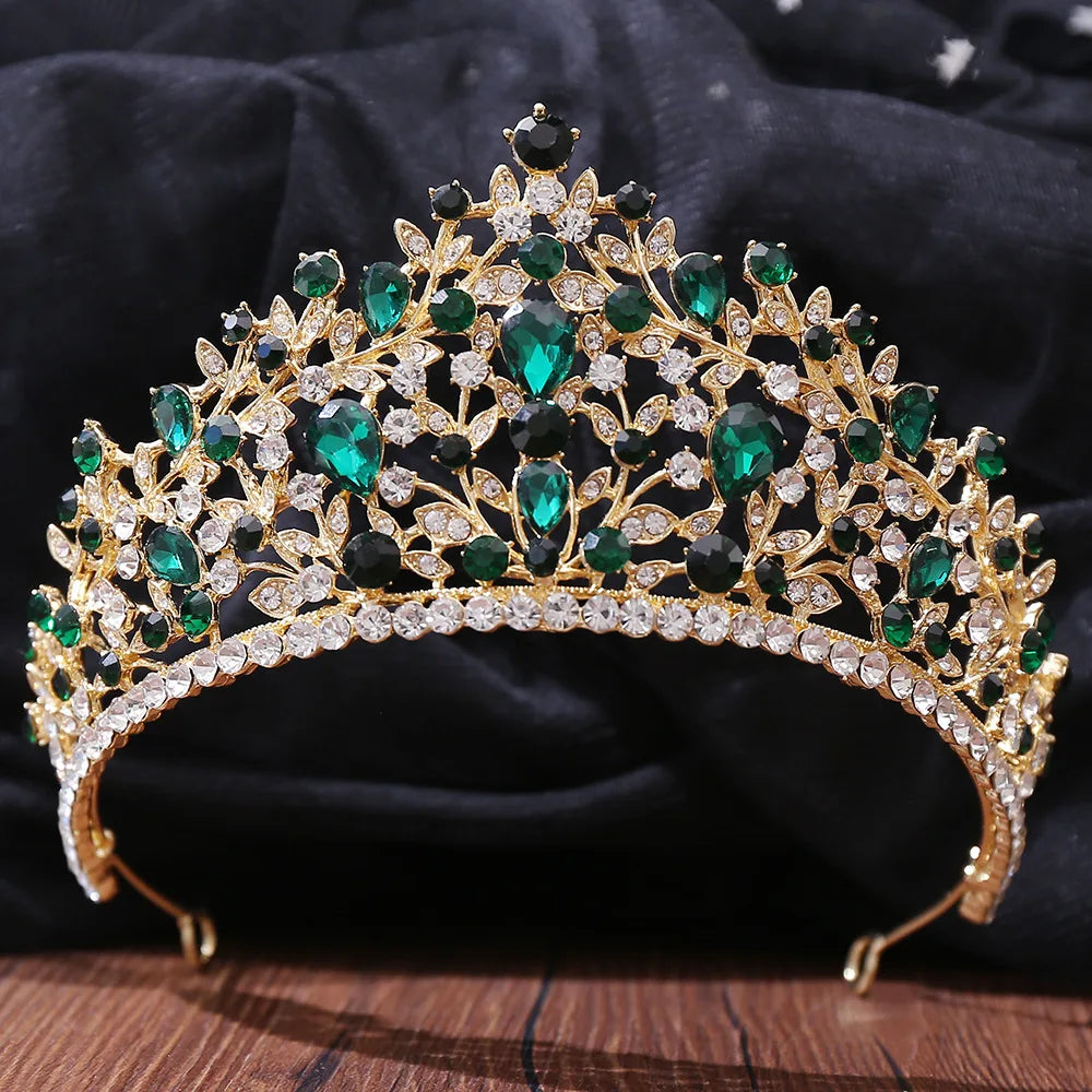 Luxury Green Color Crystal Wedding Crown Bridal Hair Accessories Women Baroque Crown Rhinestones Tiaras Bride Queen Party Crowns - EUFASHIONBAGS