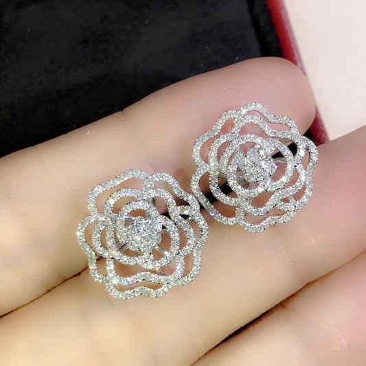 Aesthetic Hollow Flower Stud Earrings New for Women Full Paved Bling Bling CZ Temperament Female Earrings Party Jewelry