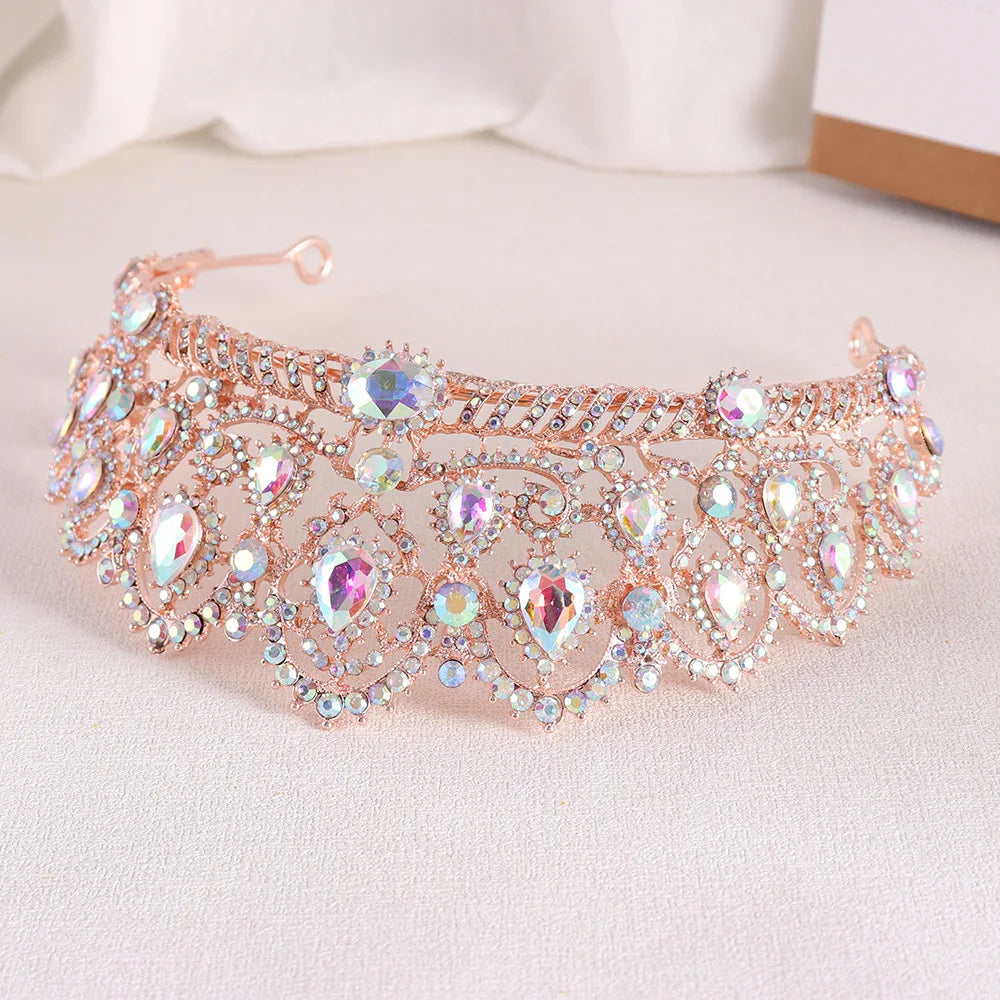 Rose Gold AB Color Rhinestone Wedding Crown Crystal Bridal Hair Accessories Women Tiaras Baroque Headband Queen Diadem Headwear - EUFASHIONBAGS