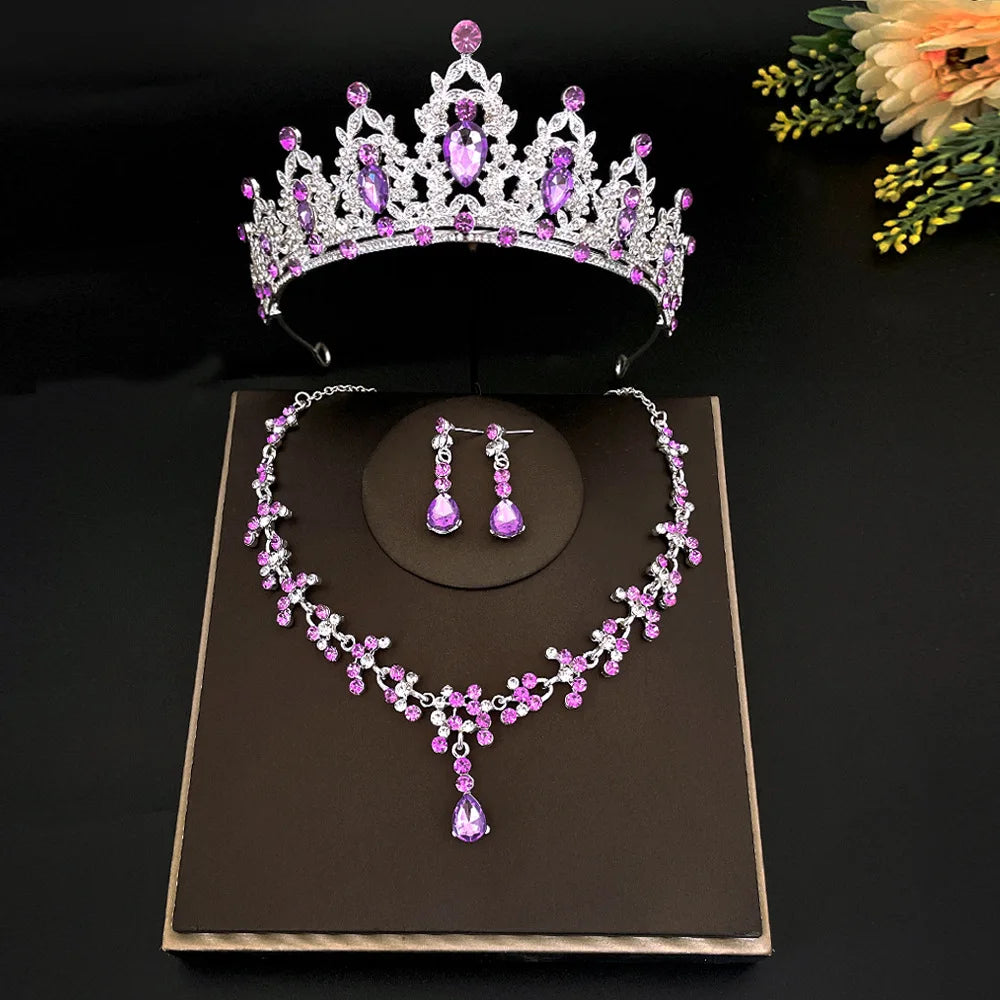 Fashion Crystal Tiaras Crowns Bride Wedding Jewelry Set Rhinestone Crown Necklace Earring For Women Accessories Diadem Headdress - EUFASHIONBAGS