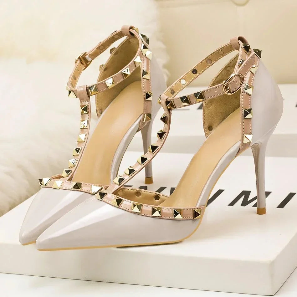 Sexy Rivet Pointed Toe Thin High Heels Women Patent Leather Hollow Striptease Party Shoes Brand Sandals Female Zapatos De Mujer