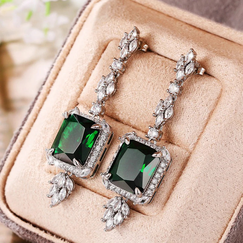 Geometric Square Green Cubic Zircon Dangle Earrings Sparkling Crystal CZ Luxury Ear Accessories for Women Wedding Jewelry - EUFASHIONBAGS