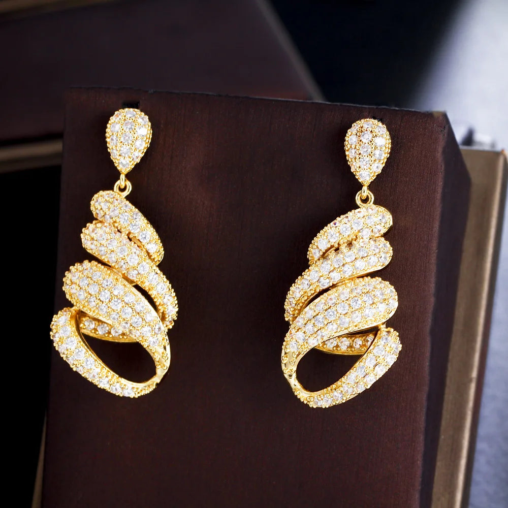 Geometric Endless Cubic Zircon Pave Long Dangly Women Party Wear Drop Earrings Chic Gold Color Wedding Jewelry - EUFASHIONBAGS