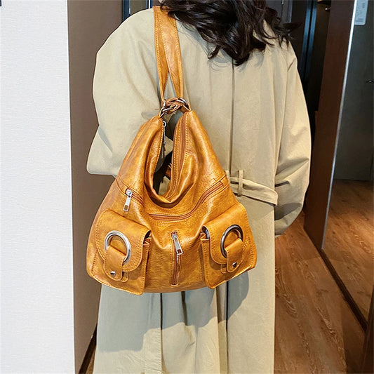 Vintage Solid Color Korean Casual Shoulder Underarm Tote Bag Sling Bags Multiple Pockets Leather Purses Handbags Women Sac