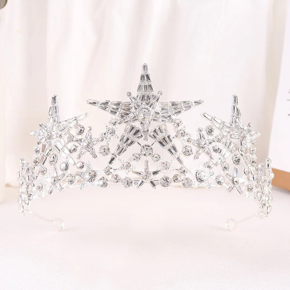 Baroque Star Crown Crystal Bridal Tiaras Rhinestone Pageant Diadem Bride Star Headdress Wedding Hair Accessories Tiara De Noiva - EUFASHIONBAGS