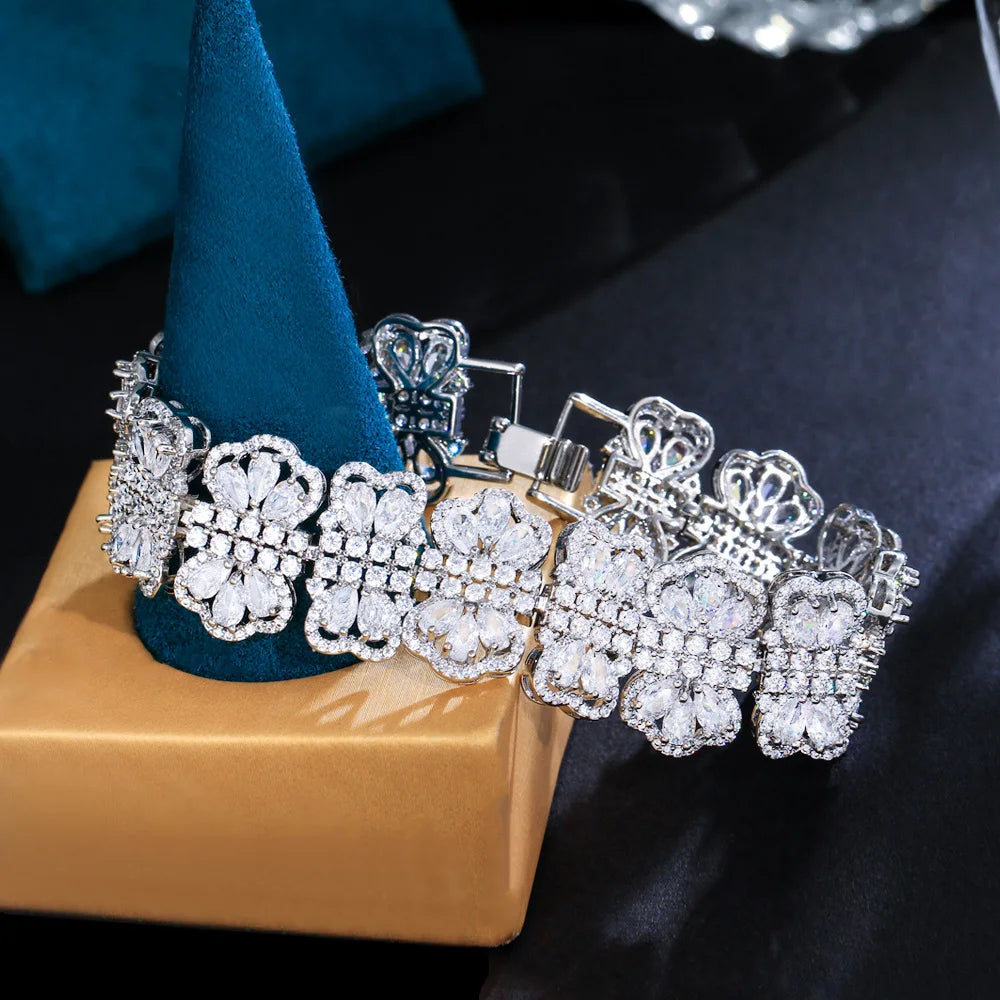 Super Luxury Flower Cluster Round Big White CZ Bracelets for Women Wedding Engagement Party Jewelry Accessories - EUFASHIONBAGS