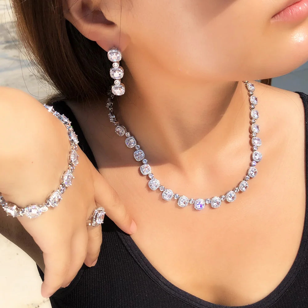 4Pcs Square Cubic Zirconia Paved Women Wedding Party Necklace Earring Bracelet Rings Bridal Costume Jewelry Sets - EUFASHIONBAGS