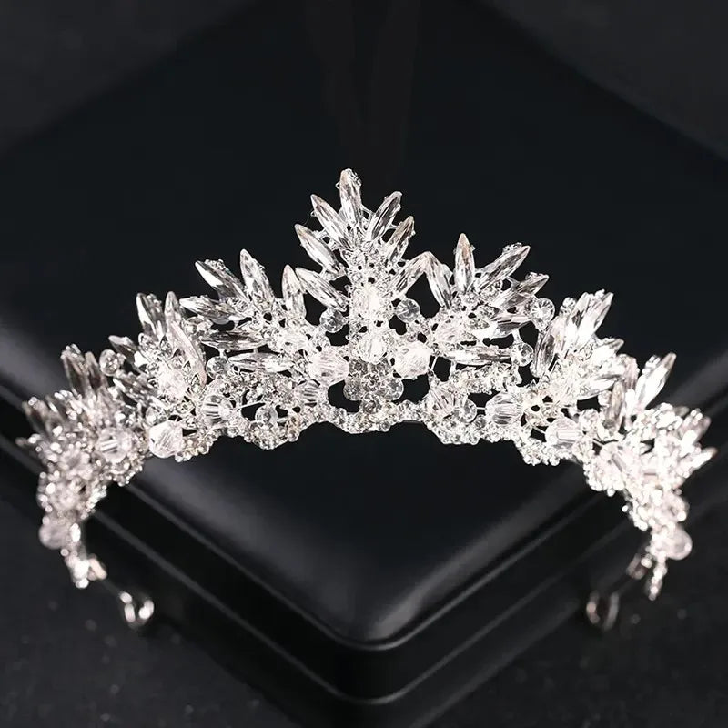 Luxury Silver Color Crystal Pearls Bridal Tiaras Crown Baroque Rhinestone Pageant Diadem Bride Headband Wedding Hair Accessories - EUFASHIONBAGS