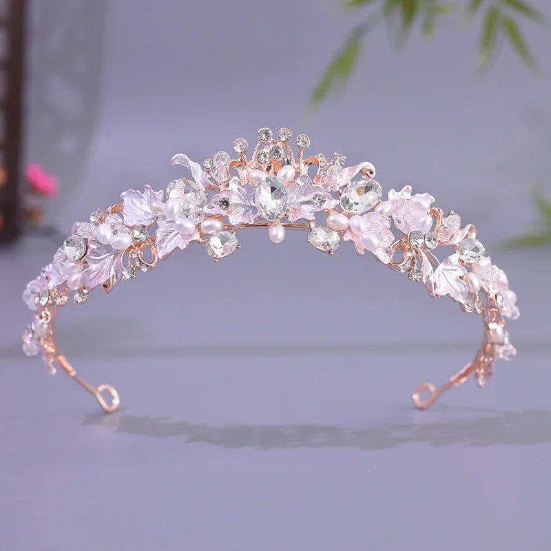 Rose Gold Color Baroque Crystal Pearls Bridal Tiaras Cubic Zircon Crown Rhinestone Pageant Diadem Headpiece Wedding Hair Jewelry - EUFASHIONBAGS