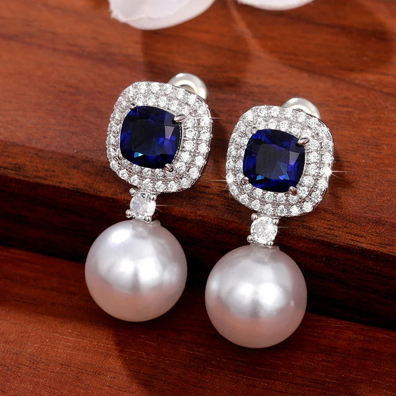 Aesthetic Women's Simulated Pearl with Blue/White Cubic Zirconia Luxury Trendy Female Ear Accessories Wedding Jewelry New - EUFASHIONBAGS