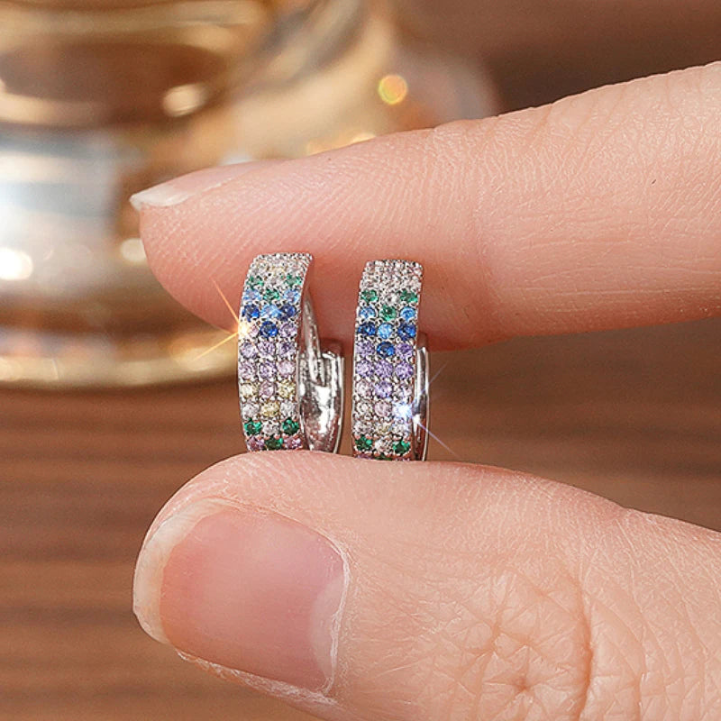 Sparkling Multicolored Tiny Zirconia Earrings Fashion Lady Dainty Silver Color Ear Loop Female Daily Wearable Accessories - EUFASHIONBAGS