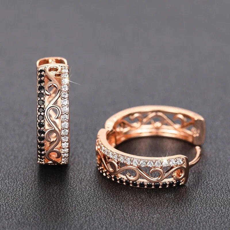 White/Black CZ Rose Gold Color Hoop Earrings for Women Hollow Out Pattern Aesthetic Female Earrings Wedding Trend Jewelry - EUFASHIONBAGS