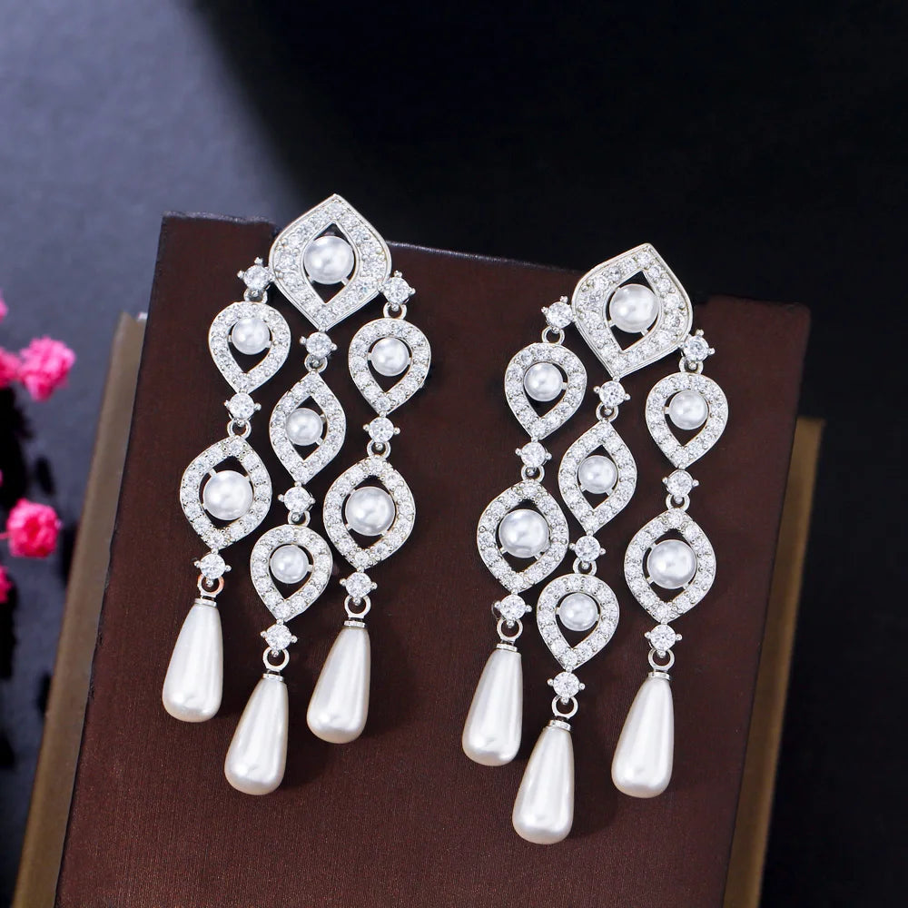 Big Luxury Sparkling Cubic Zircon Long Chandelier Drop Dangle Bridal Wedding Pearl Earrings Jewelry Accessories - EUFASHIONBAGS