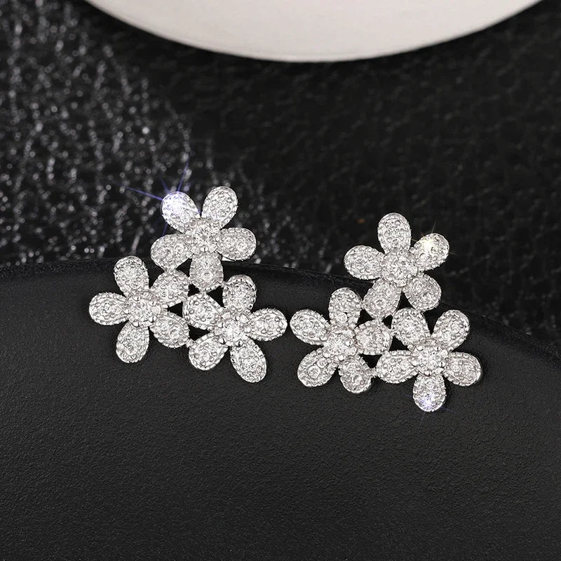 Beautiful Flowers Stud Earrings with Shiny Cubic Zirconia Graceful Exquisite Sweet Accessories Trendy Wedding Jewelry Hot - EUFASHIONBAGS