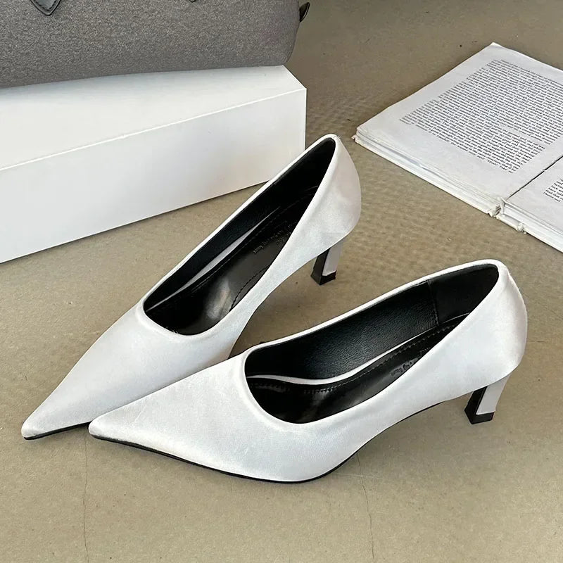 Silk Luxury High Heel Dress Shoes Women Shallow Pointed Toe Low Heel Office Shoes Comfy Footwear Women Zapatos De Mujer