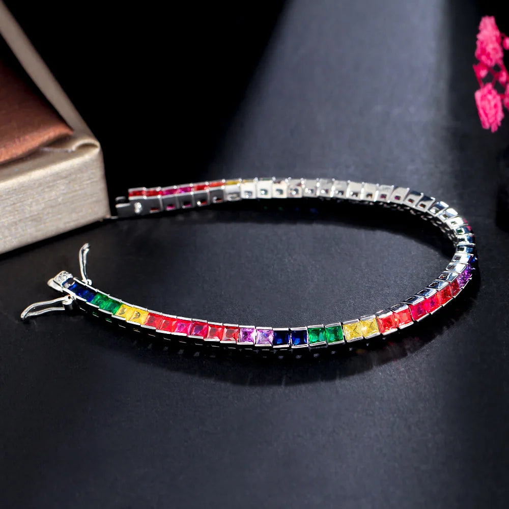 New Shiny 5A Cubic Zircon Fine Fashion Rainbow Colorful Iced Out Sqaure CZ Tennis Chain Bracelet for Women