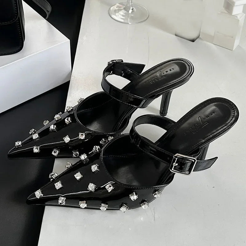 Luxury Rhinestone Mules Pumps Women 2025 New Summer Sexy Pointed Toe Thin High Heels Sandals Ladies Crystal Brand Slippers Women