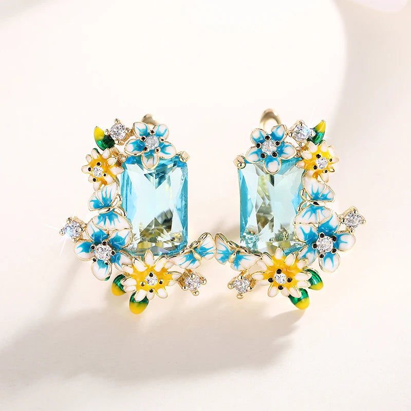 Blue Yellow Flowers Enamel Earrings with Big Sky Blue CZ Aesthetic Drop Earrings for Women Wedding Party Unique Jewelry - EUFASHIONBAGS