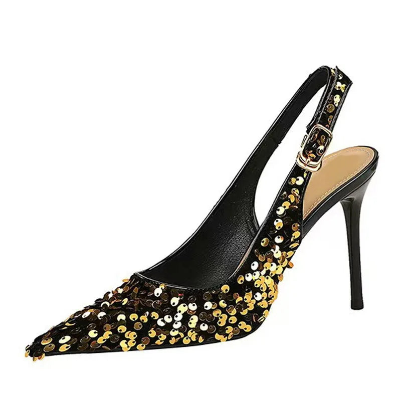 Fashion Gold Sequined Ankle Strap Women Pumps Pointed Toe Slingbacks Stiletto High Heels Wedding Prom Shoe Size 43 - EUFASHIONBAGS