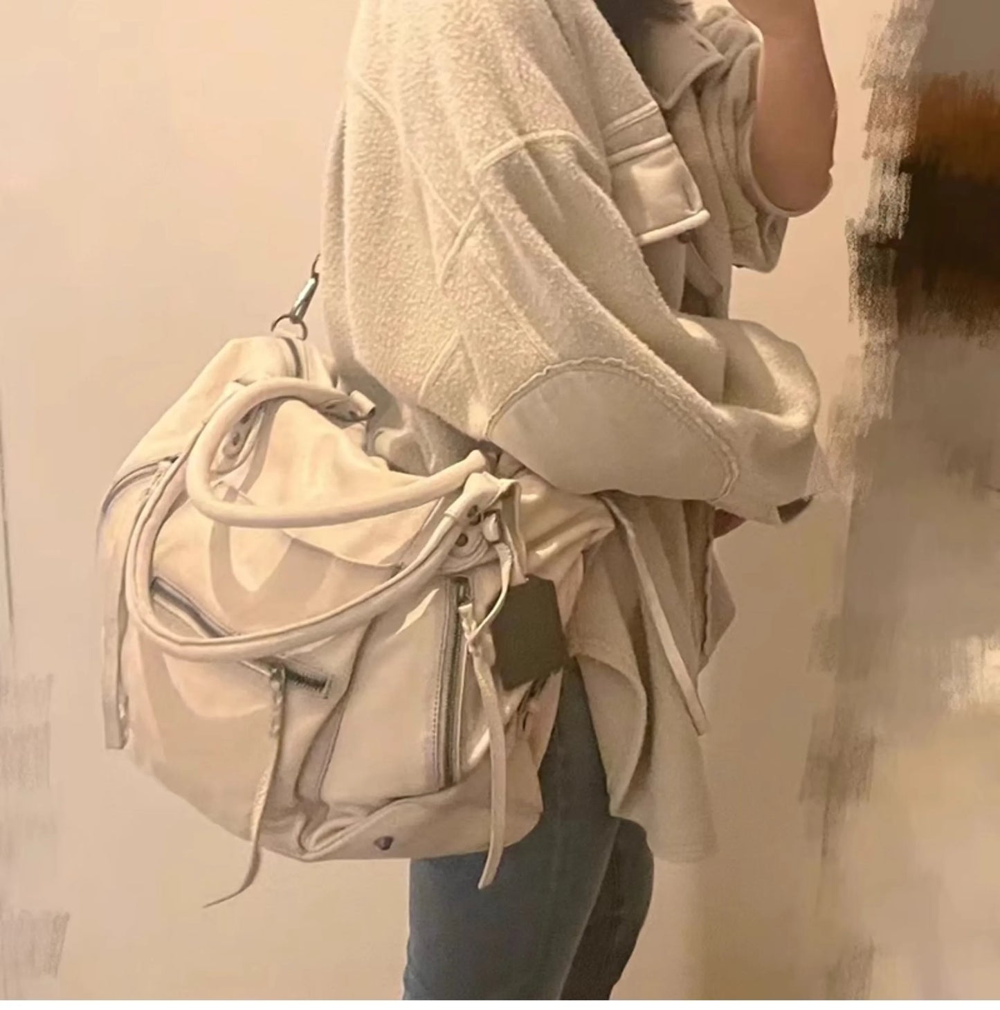 Hot Girls White Tote Bag Women Vintage Leather Soft Large Handbag Messenger Bag Female Y2k Grunge Shoulder Bags