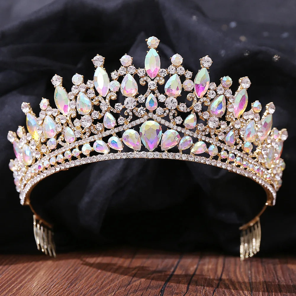 Luxury Silver Color AB Crystal Bridal Tiaras Baroque Crown Headband Bride Party Rhinestone Diadem Wedding Hair Jewelry Ornaments - EUFASHIONBAGS