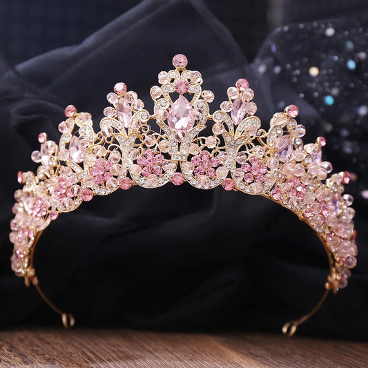 Baroque Handmade Pink Crystal Beads Bridal Tiara Crown Rhinestone Pageant Diadem Floral Headpiece Wedding Hair Dress Accessories