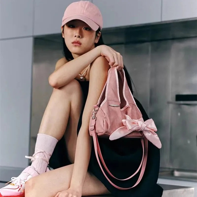 Bow Y2k Handbag Women Vintage Zipper Casual Crossbody Bags Purse Ladies Retro Handle Pink Messenger Bag Chic - EUFASHIONBAGS