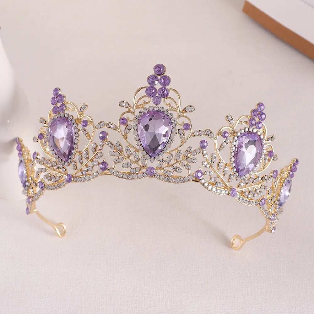 Purple Crystal Bride Wedding Crown Baroque Headdress Bridal Tiaras Crowns Women Headwear Party Wedding Hair Jewelry Accessories - EUFASHIONBAGS