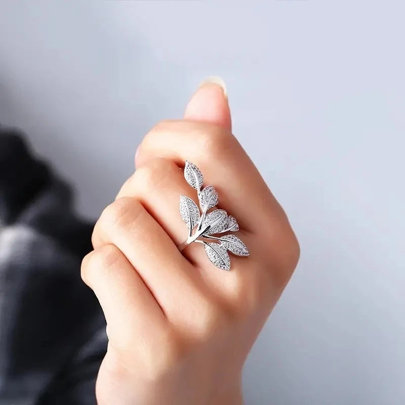 Exaggerated Leaf Ring Full Paved Cubic Zirconia Dazzling Women Finger Accessories Wedding Party Luxury Fashion Jewelry - EUFASHIONBAGS