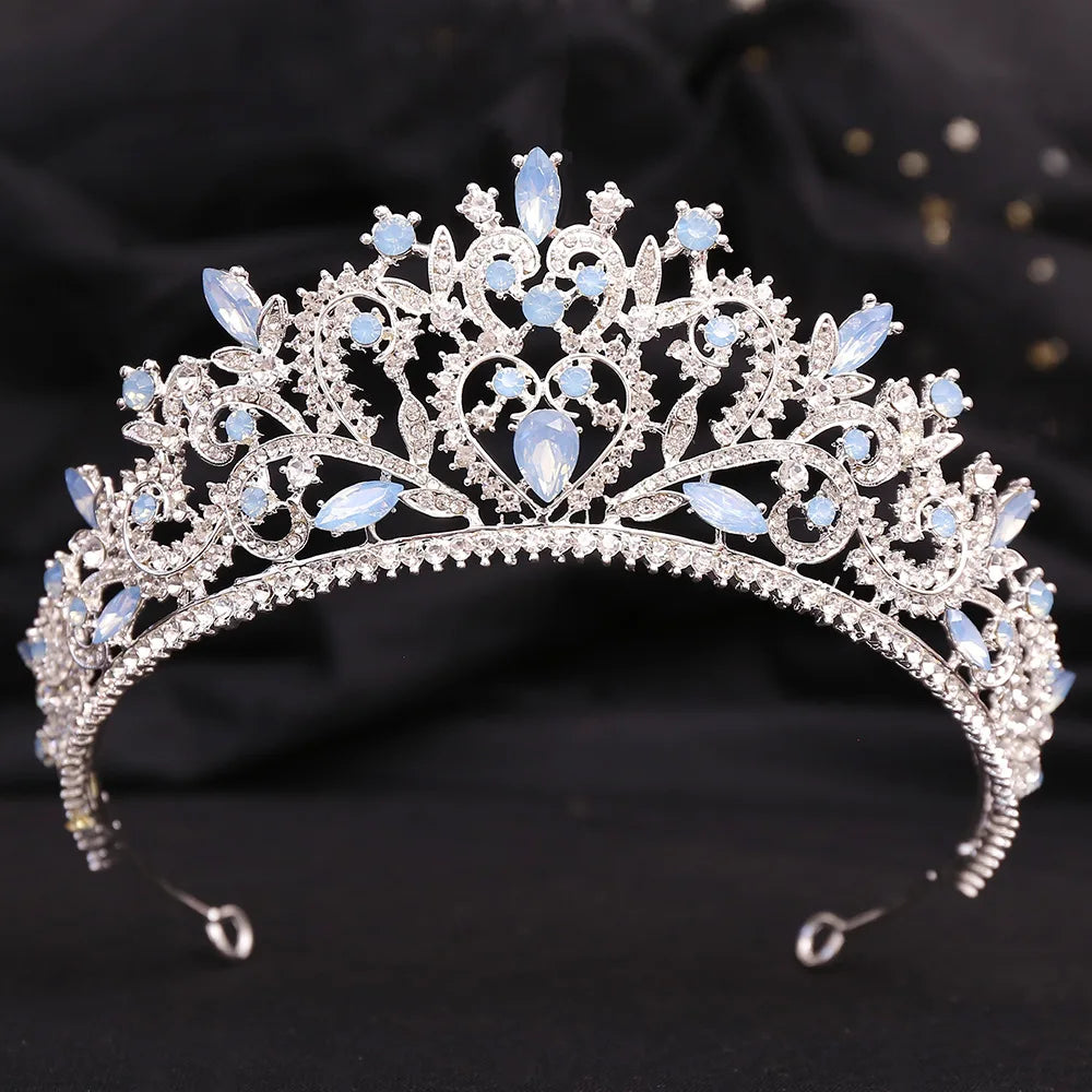 Silver Color Blue Opal Wedding Crown Princess Headdress Crystal Bridal Tiaras Rhinestone Diadem Wedding Hair Jewelry Accessories - EUFASHIONBAGS