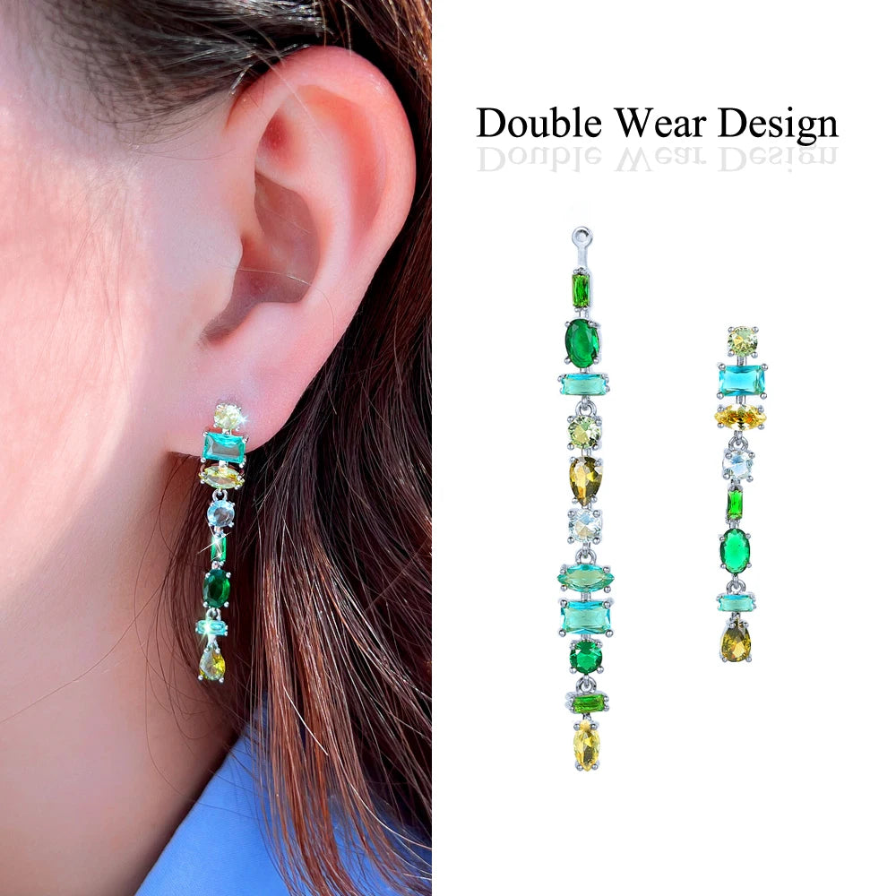 Glamorous Fringed Green Cubic Zirconia Dangly Tassel Drop Long Earrings for Women Pageant Party Accessories - EUFASHIONBAGS