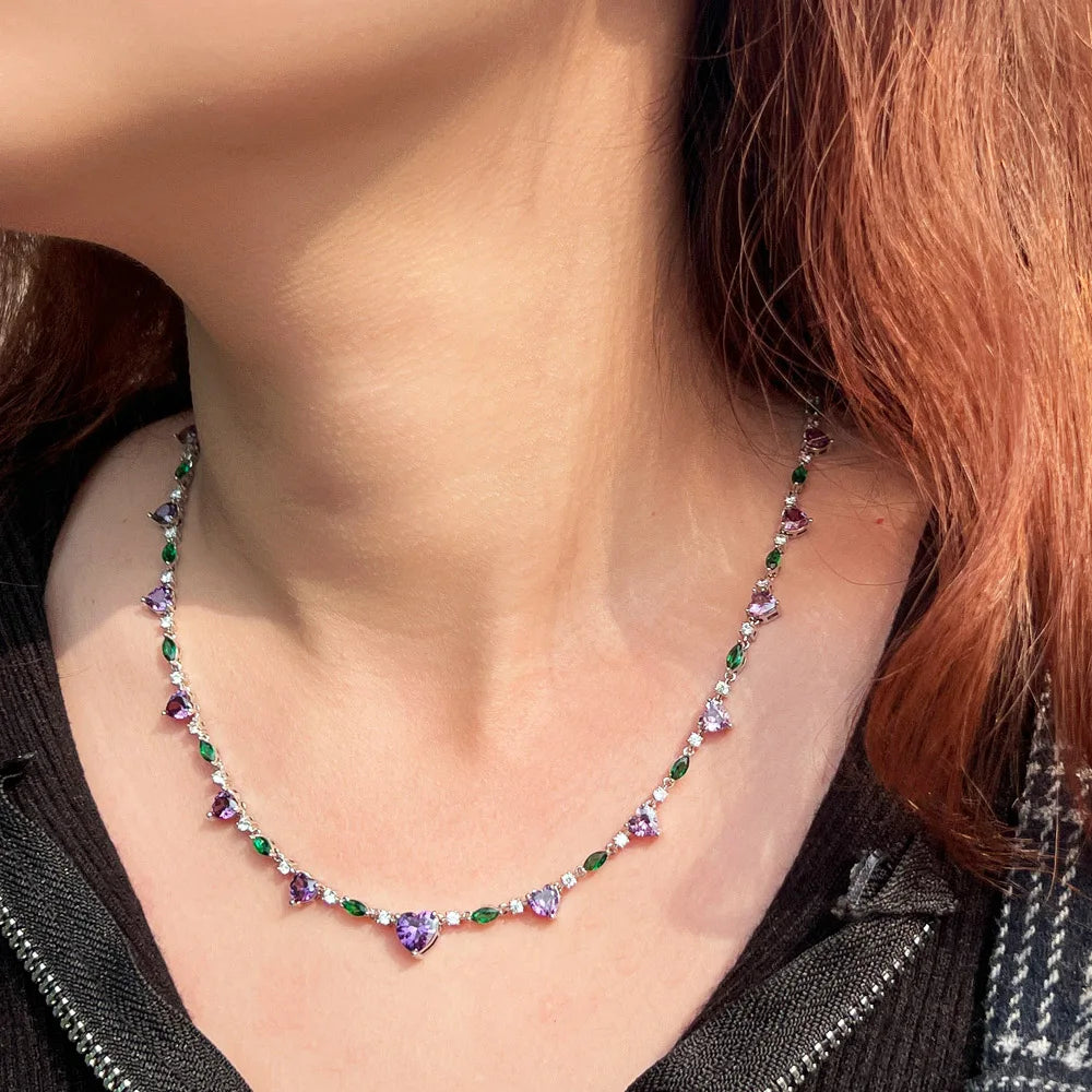 Heart Shape Purple Green Cubic Zirconia Choker Chain Link Tennis Necklace for Women Summer Party Jewelry Gift - EUFASHIONBAGS