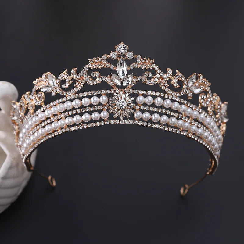 Luxury Silver Color Crystal Pearls Bridal Tiaras Crown Rhinestone Pageant Diadem Baroque Leaf Headbands Wedding Hair Accessories - EUFASHIONBAGS