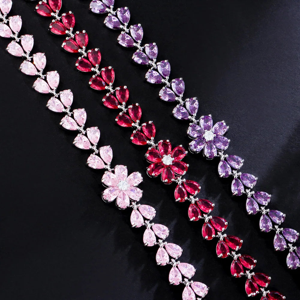 Delicate Flower Leaf Shape Cluster Pink Red Cubic Zirconia Crystal Link Chain Bracelets for Women Wedding Party - EUFASHIONBAGS