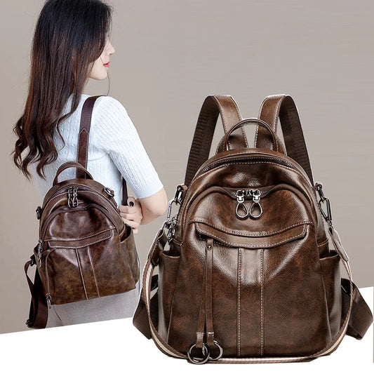 Women‘s Backpack New PU Oil Wax Leather Retro Style Women Shoulder Bag Fashion Girls Student Knapsack C9855