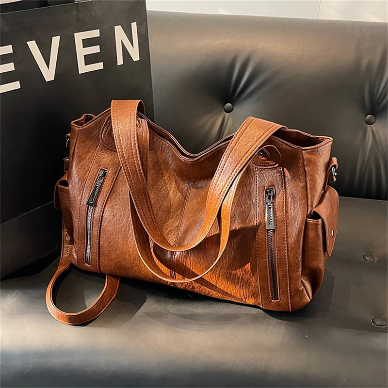 Two Layer Large Shopping Bag Women's Handbag High Quality Soft Leather Tote Bags Fashion Retro Female Shoulder Bolsas - EUFASHIONBAGS