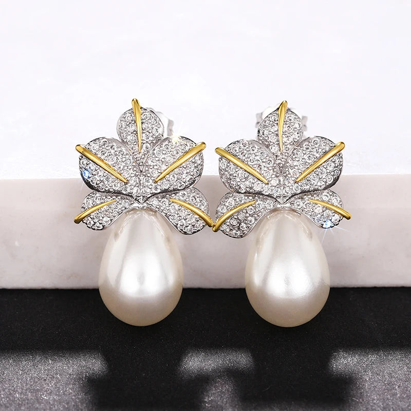 Aesthetic Flower Imitation Pearl Drop Earrings Temperament Women's Accessories for Wedding Party Luxury Trendy Jewelry - EUFASHIONBAGS