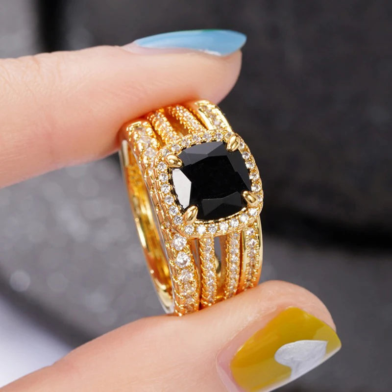 Cushion Black Cubic Zirconia Set Rings Luxury 3Pcs Accessories for Women Modern Design Wedding Fashion Jewelry - EUFASHIONBAGS